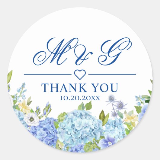 Sticker Rond Blue Hydrangea Floral Greenery Merci Mariage (Devant)
