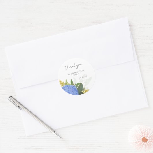 Sticker Rond Blue Hydrangea Moderne Mariage Floral Merci (Enveloppe)