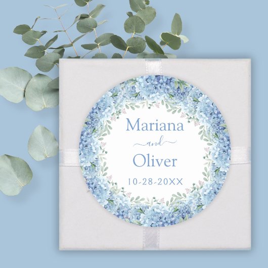 Sticker Rond Blue Hydrangeas aquarelle Floral Mariage