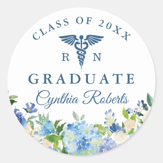 Sticker Rond Blue Hydrangeas Floral Nursing School Graduation (Devant)