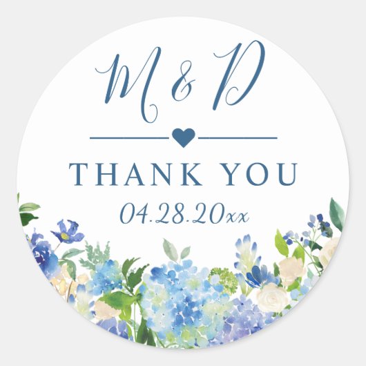 Sticker Rond Blue Hydrangeas Floral Wedding Favor Merci (Devant)