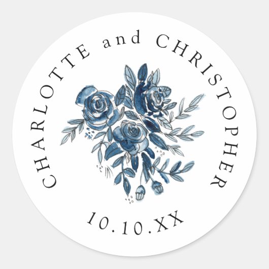 Sticker Rond Blue indigo aquarelle lin fleuri mariage (Devant)