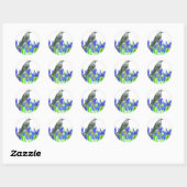 Sticker Rond Blue Iris Flower Grey Oiseau Aquarelle Art (Feuille)
