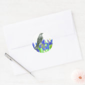 Sticker Rond Blue Iris Flower Grey Oiseau Aquarelle Art (Enveloppe)