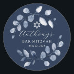 Sticker Rond Blue Leaf Bar Mitzvah<br><div class="desc">Belle aquarelle peinte à la main avec une couronne de feuilles bleues et l'étoile de David.</div>