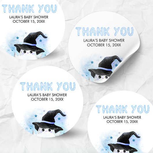 Sticker Rond Blue Little Boo Ghost Witch Baby Shower