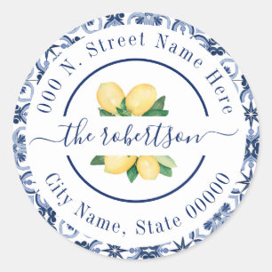 Sticker Rond Blue Mediterranean Lemons Adresse de retour