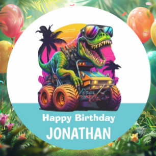 Sticker Rond BLUE MONSTER TRUCK DINOSAUR fête d'anniversaire