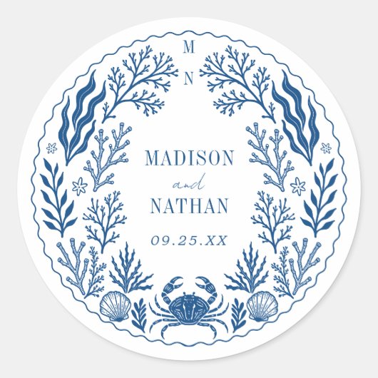 Sticker Rond Blue Nautical Crab Shell Ocean Beach Wedding (Devant)