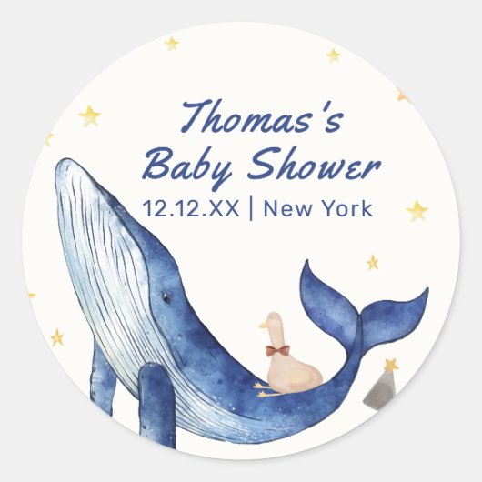 Sticker Rond Blue Ocean Whimsical Duck Stars Baby shower balein (Devant)