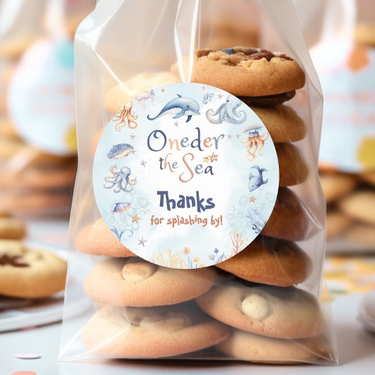 Sticker Rond Blue Oneder the sea 1st birthday Thank you