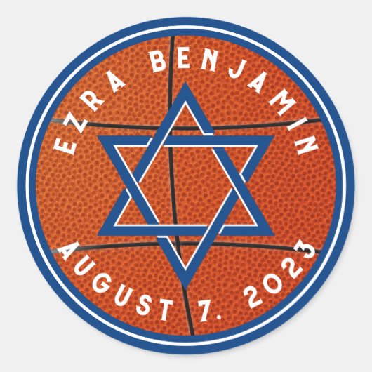 Sticker Rond Blue Orange Basketball Thème Bar Mitzvah (Devant)