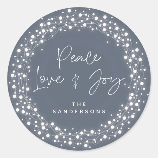 Sticker Rond Blue Peace Love+Joy Sparkling Lights Noël (Devant)