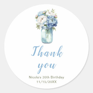 Sticker Rond Blue Peonies Mason Jar Anniversaire