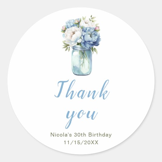 Sticker Rond Blue Peonies Mason Jar Anniversaire (Devant)