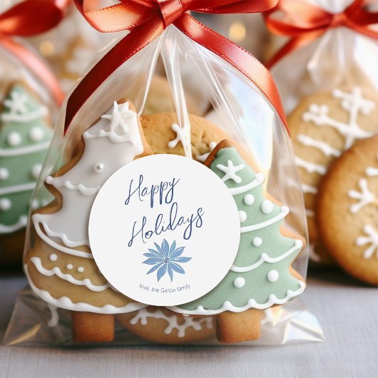 Sticker Rond Blue Poinsettia Minimal Joyeux Noël