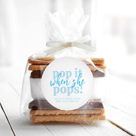 Sticker Rond Blue Pop It When She Pops Baby shower Cadeau