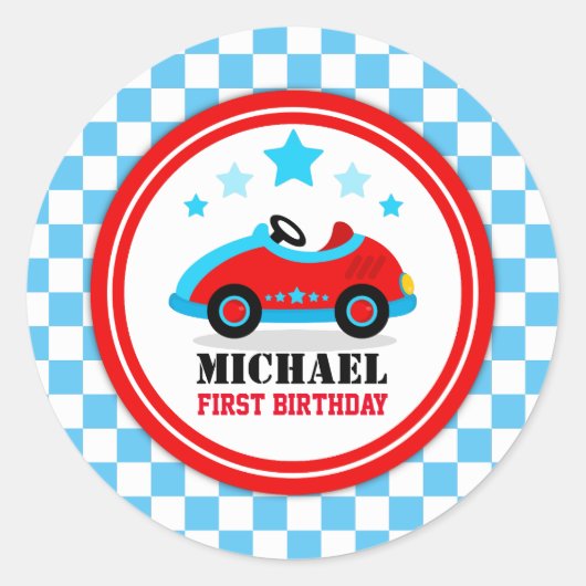 Sticker Rond Blue Race Car Anniversaire Baby shower (Devant)