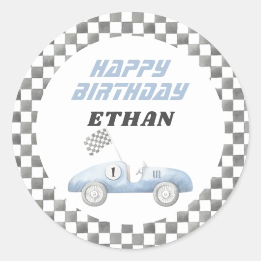 Sticker Rond Blue Race Car Fast ONE Boy Anniversaire (Devant)