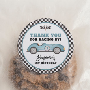 Sticker Rond Blue Race Car Fast One Boy Fête d'anniversaire