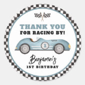 Sticker Rond Blue Race Car Fast One Boy Fête d'anniversaire (Devant)