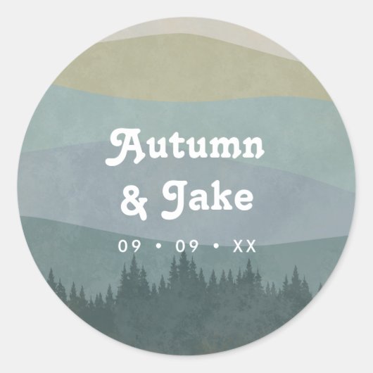 Sticker Rond Blue Retro Mountains and Forest Wedding Favor (Devant)