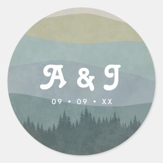 Sticker Rond Blue Retro Mountains and Forest Wedding Monogram (Devant)