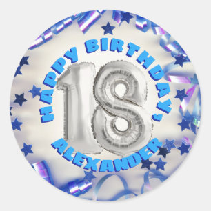 Sticker Rond Blue Ribbon & Stars Confetti 18e fête d'anniversai