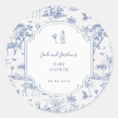 Sticker Rond Blue Safari Toile de Jouy | Baby shower (Devant)