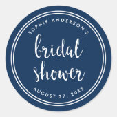 Sticker Rond Blue Script and White Stripes Bridal Shower (Devant)