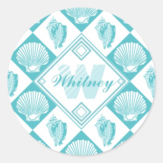 Sticker Rond Blue Seashell Diamond Nautical Beach Monogramme (Devant)