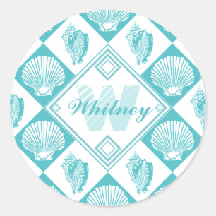 Sticker Rond Blue Seashell Diamond Nautical Beach Monogramme
