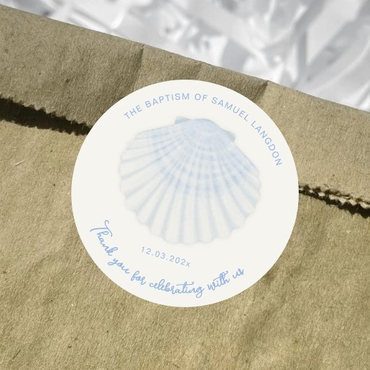 Sticker Rond Blue shell Christening baptism Thank you