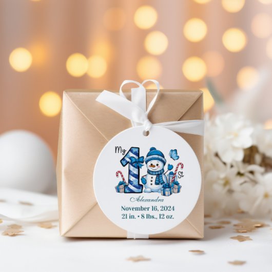 Sticker Rond Blue Snowman First Christmas