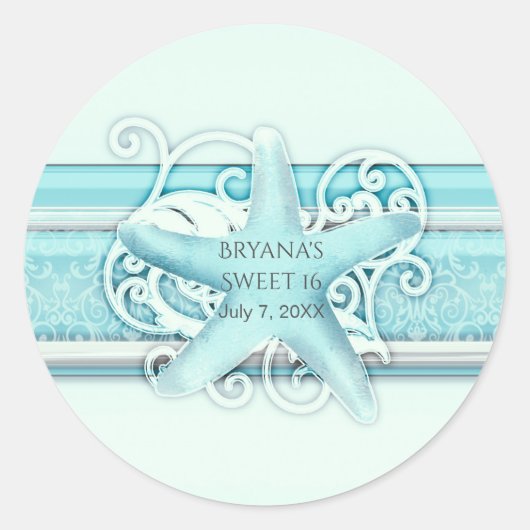 Sticker Rond Blue Starfish Elegant Beach Wedding Favor (Devant)