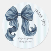 Sticker Rond Blue Striped Bow Baby Shower Thank You (Devant)