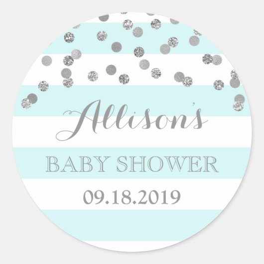 Sticker Rond Blue Stripes Argent Confetti Baby shower Favoriser (Devant)
