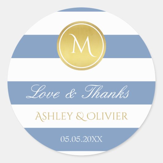Sticker Rond Blue Stripes & Faux Gold Monogram Amour & Merci (Devant)