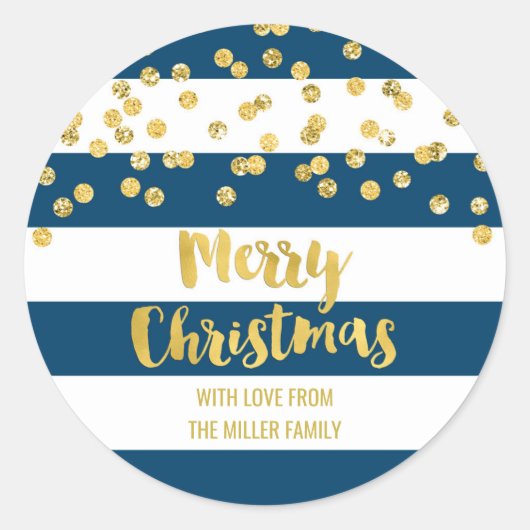 Sticker Rond Blue Stripes Gold Confetti Joyeux Noël personnalis (Devant)