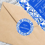 Sticker Rond Blue Talavera tuiles espagnoles tout en un mariage<br><div class="desc">Blue Azulejo Talavera Espagnol Carrelage mexicain élégant autocollants de mariage modèle,  couleurs vives audacieuses moderne typographie décontracté mariage enveloppe autocollants mariée et noms de mariés autocollants</div>
