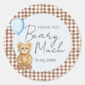 Sticker Rond Blue Teddy Bear Boy Baby shower Merci (Devant)