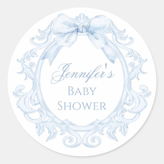 Sticker Rond Blue Toile Bow Frame Chic Baby Boy Shower (Devant)