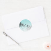 Sticker Rond Blue Tropical Palm Tree Beach Monogram Mariage (Enveloppe)