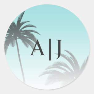 Sticker Rond Blue Tropical Palm Tree Beach Monogram Mariage