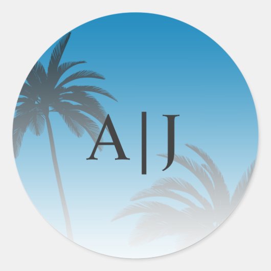 Sticker Rond Blue Tropical Palm Tree Beach Monogram Mariage (Devant)