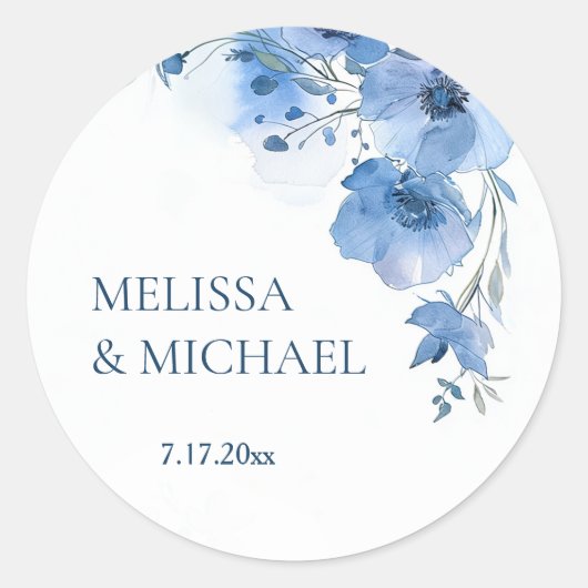 Sticker Rond Blue Watercolor Flowers Wedding (Devant)
