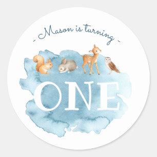 Sticker Rond Blue Watercolor Forest Animal Boy 1er anniversaire