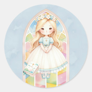 Sticker Rond Blue Watercolor Girl 1st. Communion