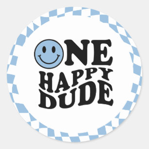 Sticker Rond Blue Wavy À damiers Preppy Smile One Happy Dude
