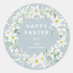 Sticker Rond Blue + White Floral Wreath Message de Pâques